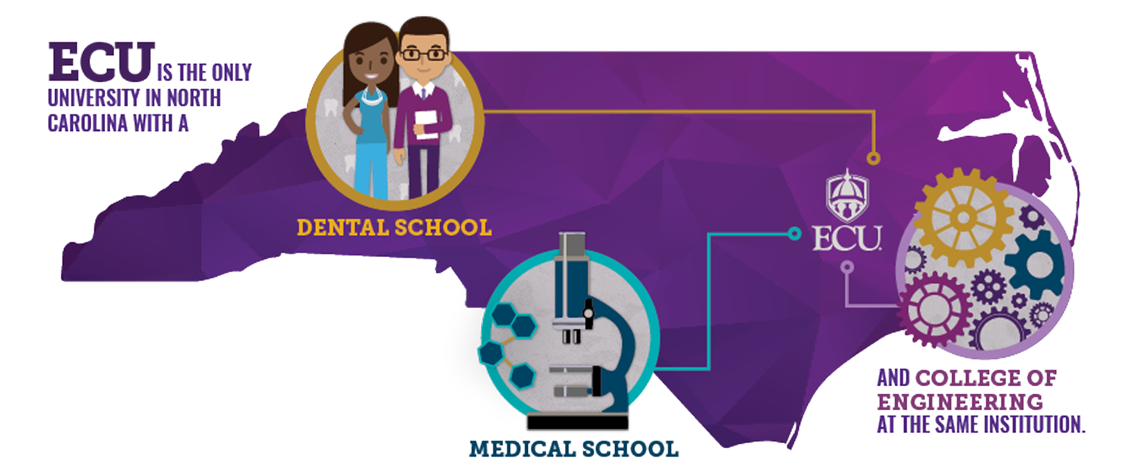ECU is the only university in North Carolina with a dental school, medical school, and college of engineering at the same institution.
